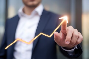 Poster - A businessman in a suit pointing at an upward glowing arrow graph, symbolizing business growth, progress, and financial success.