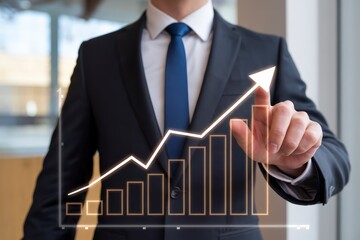 Poster - A businessman in a suit interacting with a rising bar chart and arrow graphic, symbolizing successful business growth, strategy, and performance metrics.