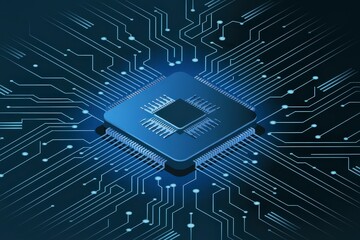 Poster - High-tech microchip with intricate circuit patterns on a dark background.