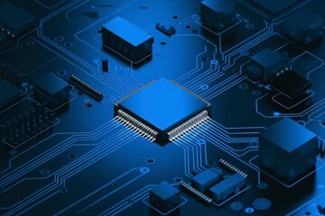 Poster - High-tech circuit board with blue tones, showcasing intricate electronic components and connections.