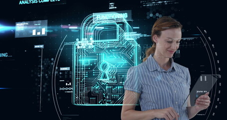 Poster - analyzing data confidently, businesswoman using tablet with digital security interface