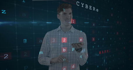 Poster - Man interacting with digital interface, focusing on cybersecurity concepts and data
