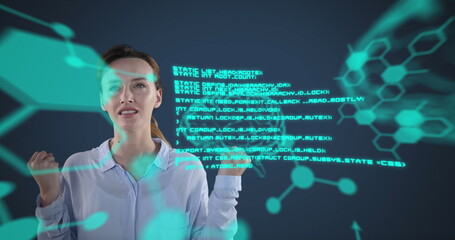Poster - interacting with virtual interface, woman analyzing digital data, focused on technology