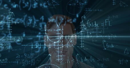 Poster - Focusing on complex calculations, man surrounded by mathematical formulas in school