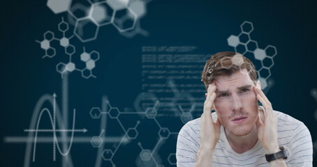 Poster - Man concentrating with hands on head, surrounded by scientific diagrams and formulas