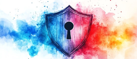 Poster - A bold, vibrant watercolor illustration of a shield with a keyhole, symbolizing protection, security, and safety for cybersecurity and techthemed designs