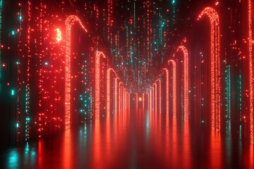 Fototapete - A digital tunnel lined with red and teal luminous columns