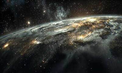 Wall Mural - Expansive View of a Shimmering Planet Surrounded by a Vast Galaxy and Twinkling Stars in Deep Space