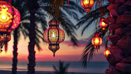 Aufkleber - Evening glow of lanterns swaying in the breeze near palm trees by the tranquil ocean at sunset
