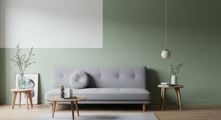 Poster - Modern Interior Design Featuring Green Walls and Gray Sofa in Living Room