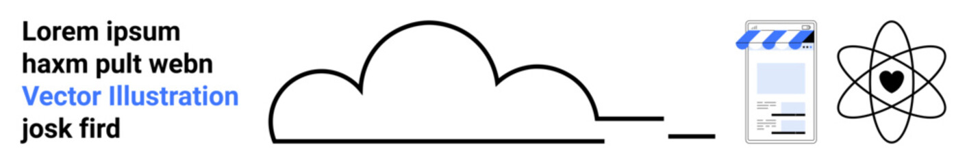 Cloud outline, phone app interface design, atomic heart symbol. Ideal for technology, app prototyping, cloud computing, innovation, analytics, creativity simple landing page