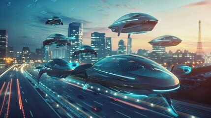 Poster - a digitally generated futuristic city skyline with flying cars.