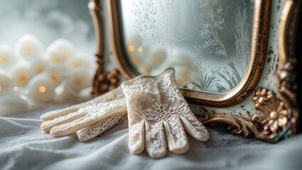 Poster - Vintage lace gloves elegantly placed beside an ornate mirror on a soft fabric background