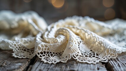 Poster - Intricate lace fabric draped elegantly on rustic wooden surface with soft bokeh background