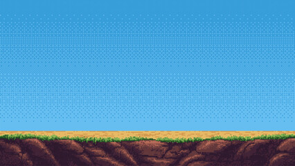 Aufkleber - 8-bit pixel art game level background. side scrolling game. blue sky. simple game map template. 2D retro video game style. pixelated vector graphics.