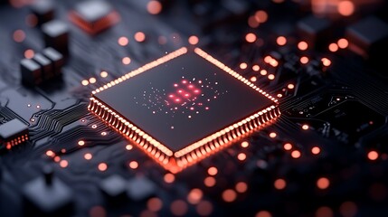 Poster - Close-Up of Glowing Red Microchip on Dark Circuit Board