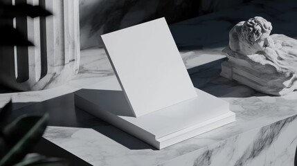 Elegant business card mockup on marble with statue and column for branding and design