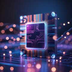 Poster - Advanced microchip illuminated in a futuristic environment with glowing circuitry and vibrant lights