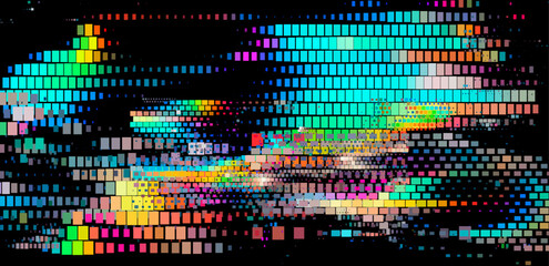 Leinwandbilder - Abstract glitch art illustration with vibrant, multicolored squares on a black background. The pattern creates a dynamic and pixelated effect, emphasizing a modern and tech-inspired aesthetic.