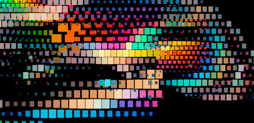 Poster - Abstract digital artwork with vibrant, multicolored glitchy squares on a black background. The pattern creates a dynamic and pixelated effect, emphasizing a modern and tech-inspired aesthetic.