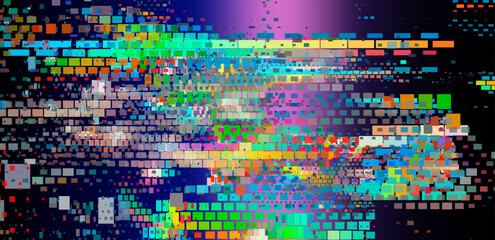 Leinwandbilder - Abstract glitch art illustration with vibrant, multicolored squares on a black background. The pattern creates a dynamic and pixelated effect, emphasizing a modern and tech-inspired aesthetic.