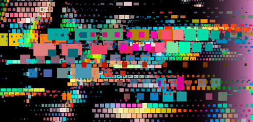 Leinwandbilder - Abstract glitch art illustration with vibrant, multicolored squares on a black background. The pattern creates a dynamic and pixelated effect, emphasizing a modern and tech-inspired aesthetic.