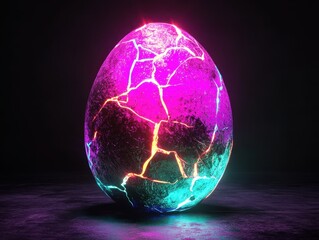 Poster - Neon Cracked Egg in Dark Environment Glowing with Vivid Colors Creating a Modern and Intriguing Visual Experience for Creative Projects