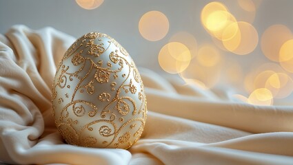 Poster - Decorative golden egg placed on soft fabric with blurred lights creating a warm atmosphere