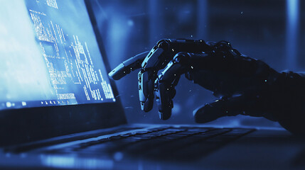 Robotic hand using a laptop computer.