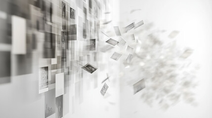 A conceptual art photograph featuring an array of scattered printed images, selectively blurred, elegant symmetry