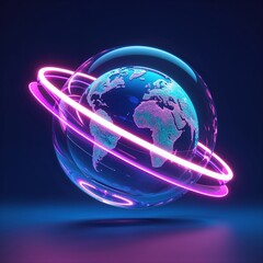 Poster - Digital globe with neon rings showcasing Earth and oceans in vibrant colors against a dark background