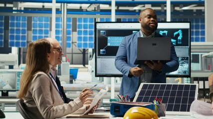 Poster - teamworking factory colleagues researching new photovoltaics materials. team of solar panel manufact