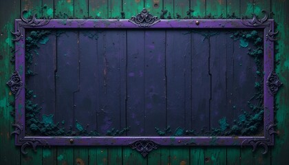 Poster - Ornate purple frame on dark wooden planks with green accents and decorative embellishments all around it