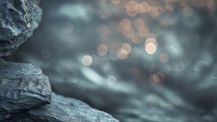 Poster - Close-up view of textured rocks beside shimmering water at sunset, with soft bokeh lighting creating a tranquil atmosphere