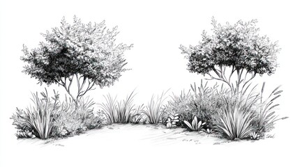 Two sketched landscape trees with grassy ground and surrounding plants