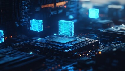 Aufkleber - Abstract Digital Landscape with Glowing Blue Data Cubes on Circuit Board, Illustrating Future Technology and Modern Computing Concepts in Cyber Environment