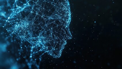 Poster - Abstract Digital Representation of a Human Face Formed by Connected Nodes and Lines in Futuristic Blue Glow Against a Dark Background