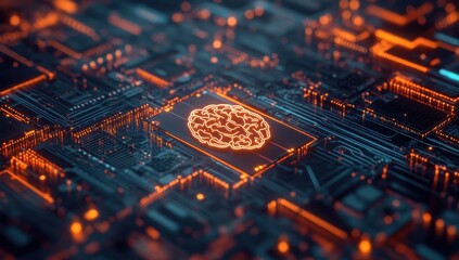 Aufkleber - Abstract digital representation of artificial intelligence with a brain symbol on an intricate circuit board background in vibrant orange and blue hues