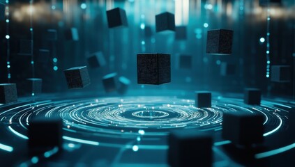 Fototapete - Abstract digital scene with floating geometric shapes in a futuristic environment featuring glowing lines and a captivating visual effect on an unknown axis