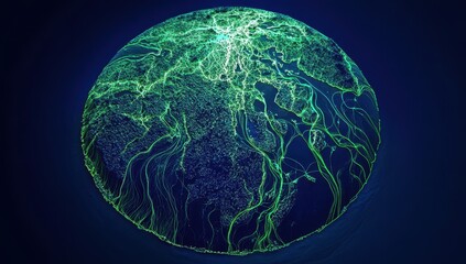 Poster - Abstract Earth Representation with Bright Green Lines Depicting Data Connections and Flowing Energy on a Dark Background