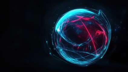 Poster - Abstract glowing sphere with vibrant blue and red light trails on dark background, representing energy, movement, and futuristic technology concepts