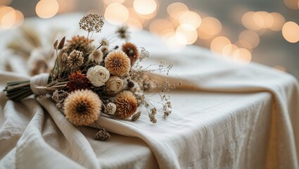 Poster - Beautiful bouquet of dried flowers arranged on a soft fabric surface with a blurred background of warm lights during an evening setup