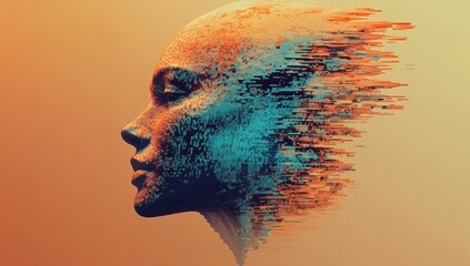Poster - Abstract Human Face Silhouette with Digital Distortion Effects Representing Technology, Evolution, and Emotion in Art, 170 Characters