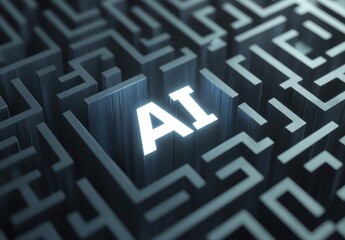 Poster - Abstract labyrinth with glowing AI letters at the center symbolizing complex paths and solutions in artificial intelligence technology and innovation