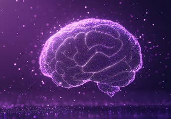Poster - Abstract representation of a glowing brain made of particles on a purple background showcasing neural connections and creativity concepts in digital art