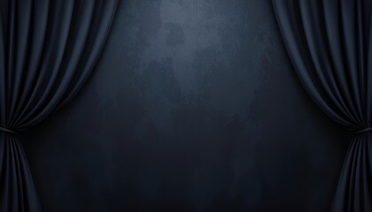 Poster - A dramatic dark blue backdrop featuring elegant curtains framing a textured central wall space