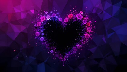 Poster - Floral heart shape with pink and purple roses on a geometric dark background design element