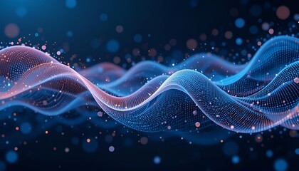 Poster - Abstract waves of blue and orange dots on a dark background with bokeh effect and flowing pattern