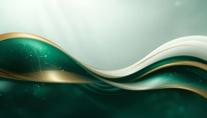 Poster - Abstract wavy green and gold ribbons with white highlights on a light green background design