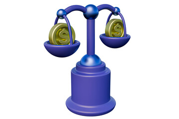 Leinwandbilder - 3d rendering, 3d realistic, blue scales with dollar coins and balance 3d rendering transparent background